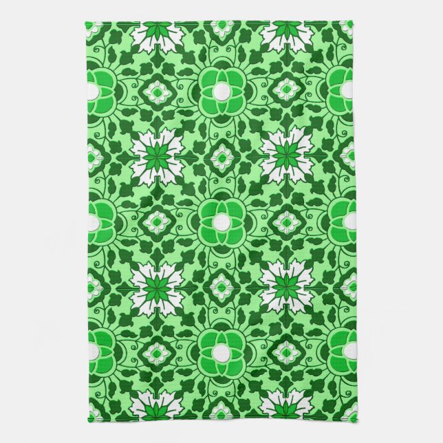 Linge De Cuisine Carrelage marocain floral, émeraude et vert citron (Vertical)