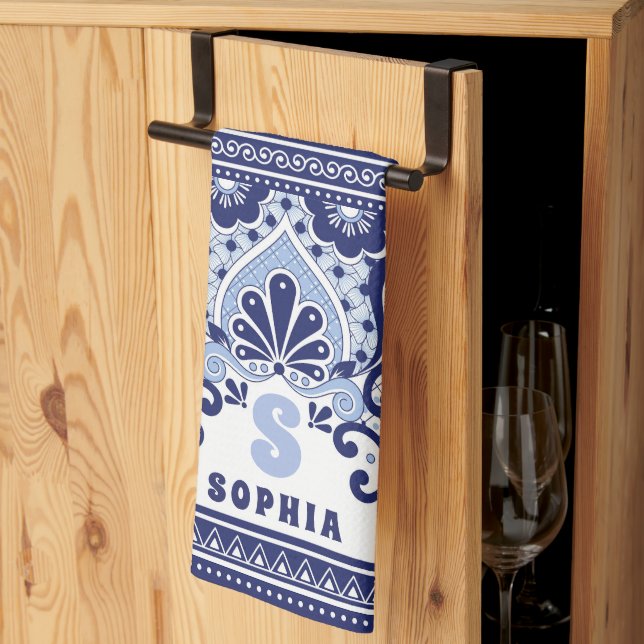 Linge De Cuisine Carrelage Monogram Blue and White Mexican Talavera (Pliage en tiers)
