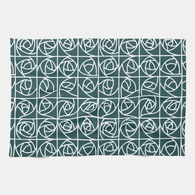 Linge De Cuisine Carrés Roses Art déco Stylisé vert floral (Horizontal)