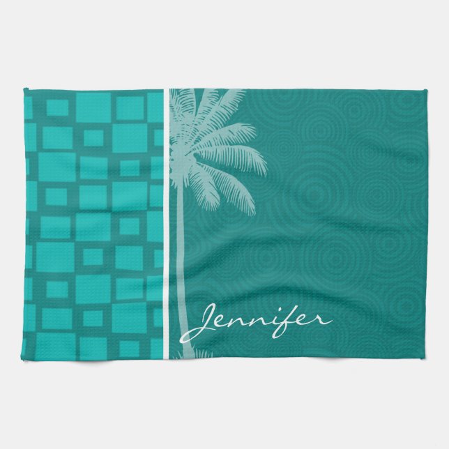 Linge De Cuisine Carrés tropicaux de turquoise (Horizontal)