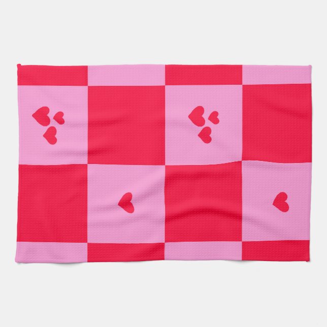 Linge De Cuisine Cartes Grille rose et rouge (Horizontal)