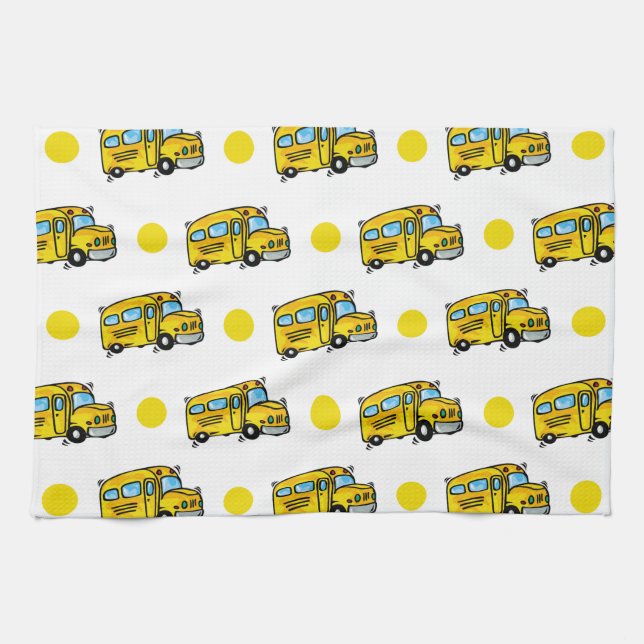 Linge De Cuisine Cartoon School Bus, Pois jaunes et blancs (Horizontal)