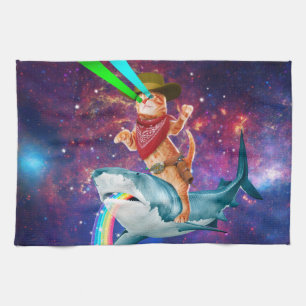 Linge De Cuisine Cat Cowboy chevauchant un requin crachant un arc-e