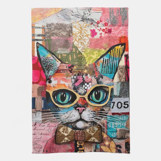 Linge De Cuisine Cat Mixed Mixed Paper Collage Kitchen Towel (Vertical)