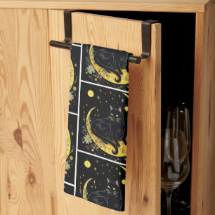 Linge De Cuisine Cat noir croissant Lune Floral Blanc Halloween