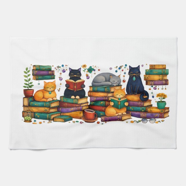 Linge De Cuisine Cats Reading Books Cozy Library Scene (Horizontal)