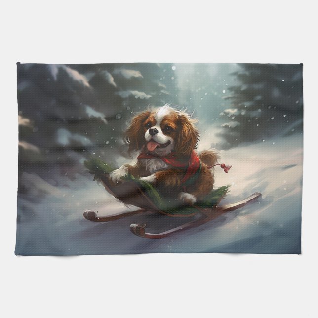 Linge De Cuisine Cavalier King Charles Spaniel neige de Noël (Horizontal)