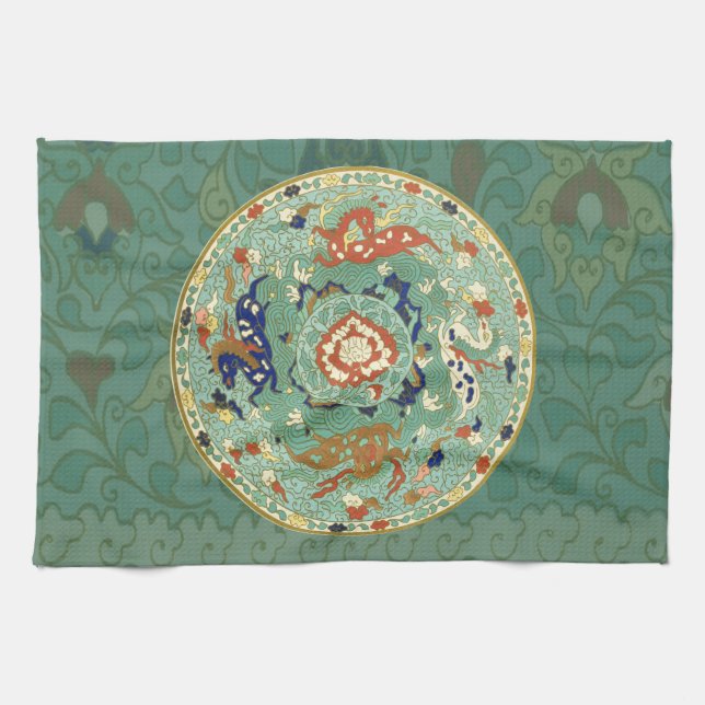Linge De Cuisine Cercle chinois antique bleu vert (Horizontal)