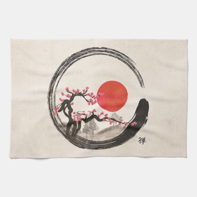 Linge De Cuisine Cercle d'Enso de zen et arbre de Sakura (Horizontal)
