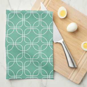 Linge De Cuisine Cercles Blancs Et Carrés Sur Turquoise Mi-Siècle