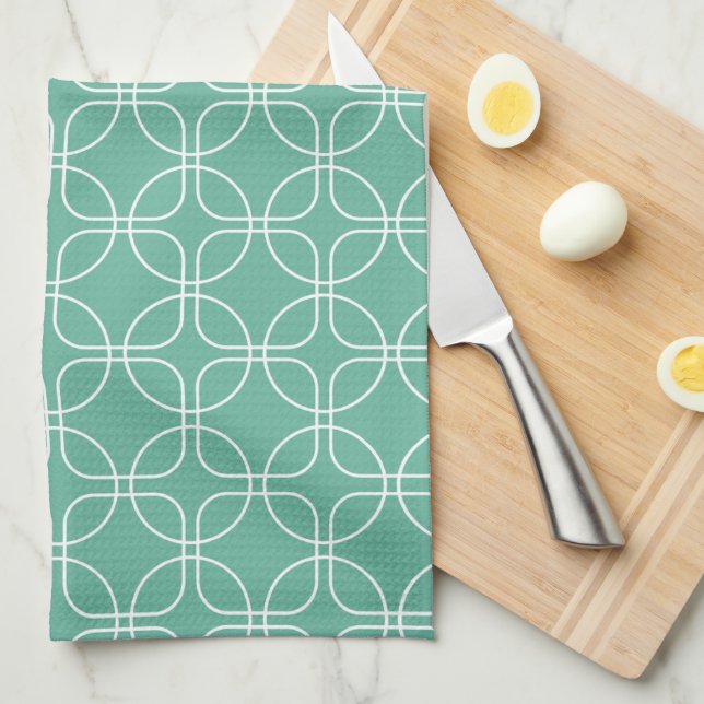 Linge De Cuisine Cercles Blancs Et Carrés Sur Turquoise Mi-Siècle (Quart Plié)