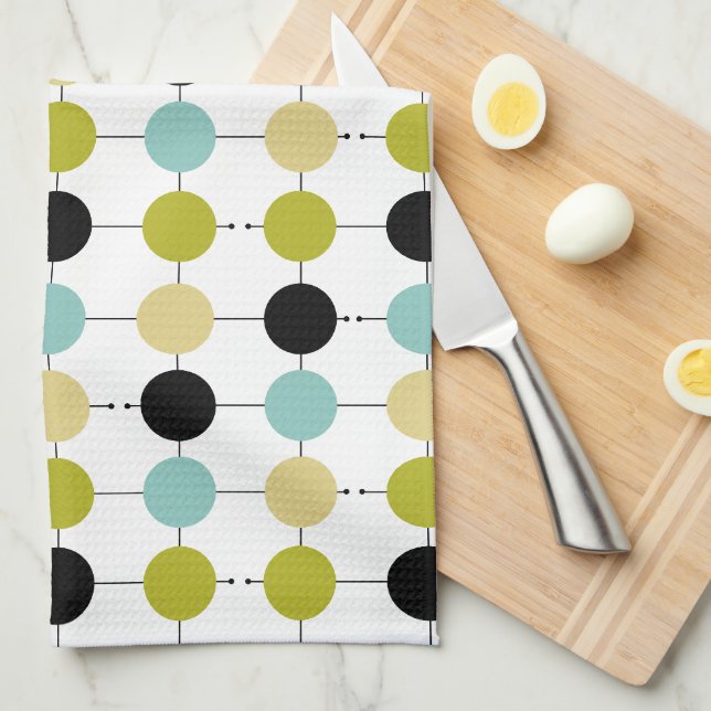 Linge De Cuisine Cercles Jaunes Bleu Vert Aqua Sur Lignes Noires (Quart Plié)