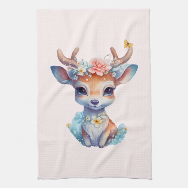 Linge De Cuisine Cerf de Bébé mignon avec Antlers et Fleurs (Vertical)