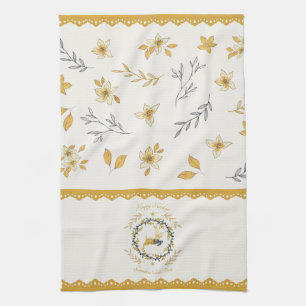 Linge De Cuisine Cerf de Noël Fleur Jaune Crème Floral