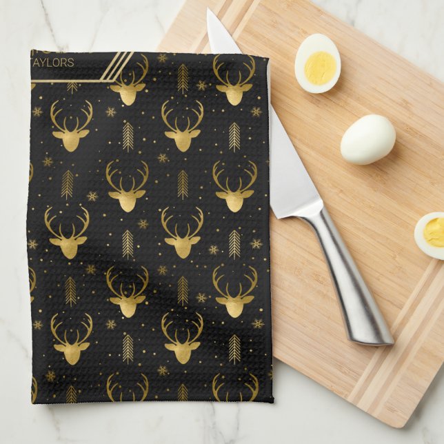 Linge De Cuisine Cerfs Antlers Flèches Motif de Noël Gold ID861 (Quart Plié)