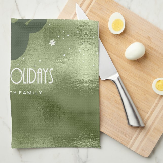 Linge De Cuisine Cerfs Antlers Silhouette & Snowflakes Green ID861 (Quart Plié)