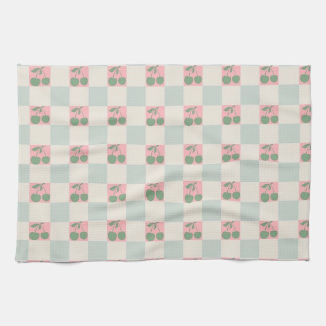 Linge De Cuisine Cerise esthétique rose verte À damiers Motif Y2K (Horizontal)