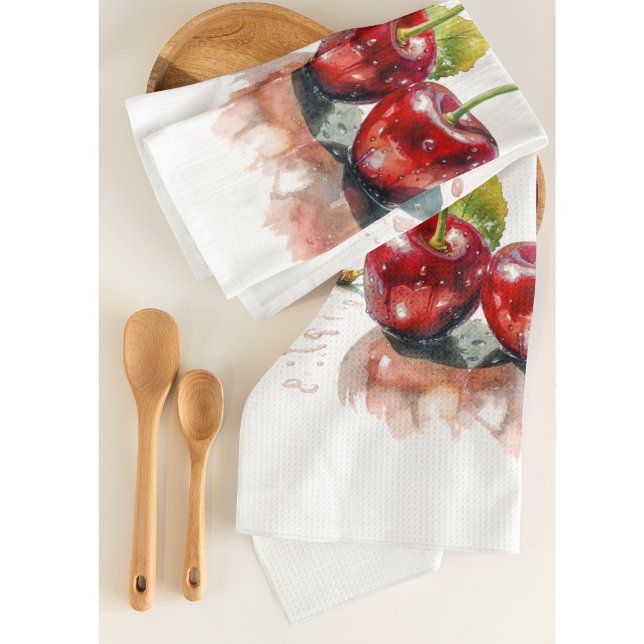 Linge De Cuisine Cerises amoureuses en Aquarelle, sur mesure (Créateur téléchargé)