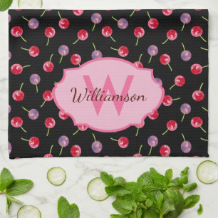 Linge De Cuisine Cerises d'aquarelle éparpillées Monogramme