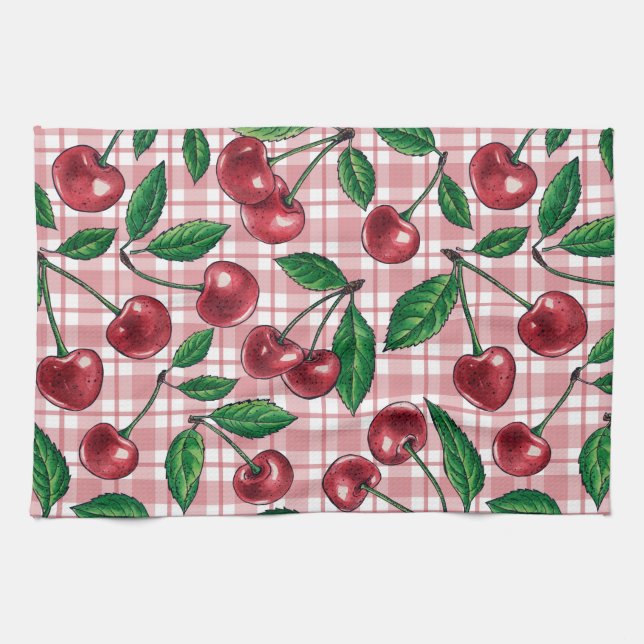 Linge De Cuisine Cerises rouges sur en vichy rose (Horizontal)
