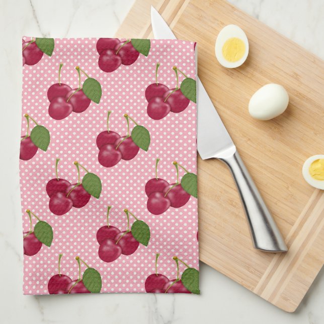 Linge De Cuisine Cerises rouges sur rose avec points blancs mignonn (Quart Plié)