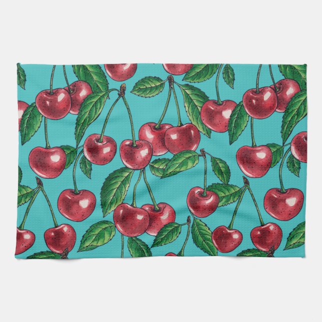 Linge De Cuisine Cerises rouges sur turquoise (Horizontal)
