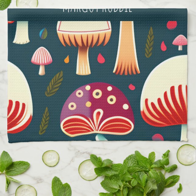 Linge De Cuisine Champignons amusants Rouge Blanc Aquarelle Motif (Plié)