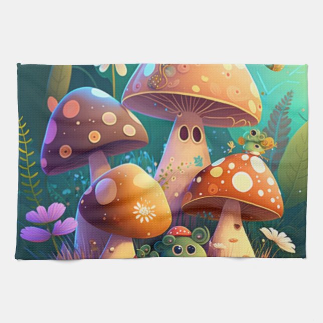Linge De Cuisine Champignons mignons dans la forêt (Horizontal)