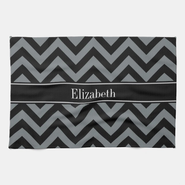 Linge De Cuisine Charbon noir LG noir Chevron Nom noir Monogramme (Horizontal)