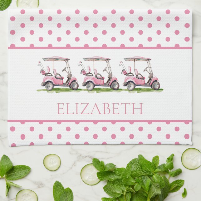 Linge De Cuisine Chariots de golf Preppy Rose sur Pois personnalisé (Plié)