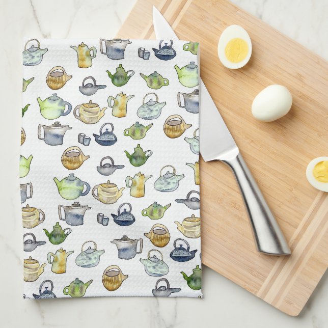 Linge De Cuisine Charmant Aquarelle Teapots Tea Motif unique (Quart Plié)