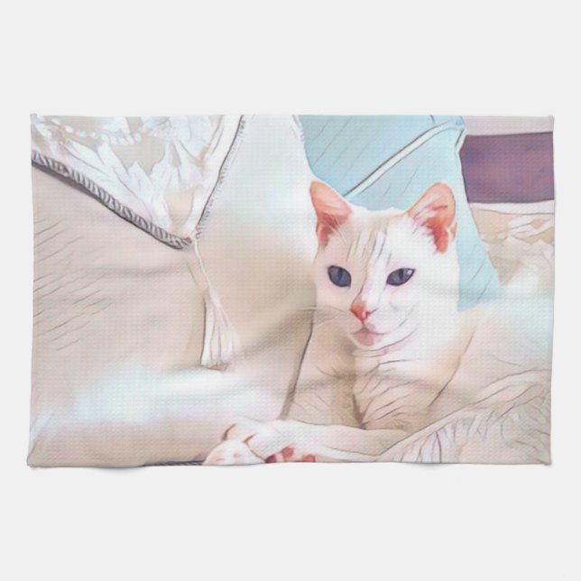 Linge De Cuisine Chat blanc (Horizontal)
