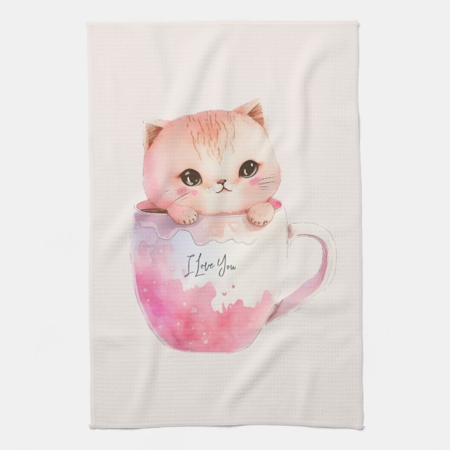 Linge De Cuisine Chat blanc-rose mignonne dans une tasse de thé (2) (Vertical)