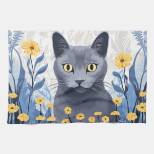 Linge De Cuisine Chat Bleu Russe Fleurs Jaunes