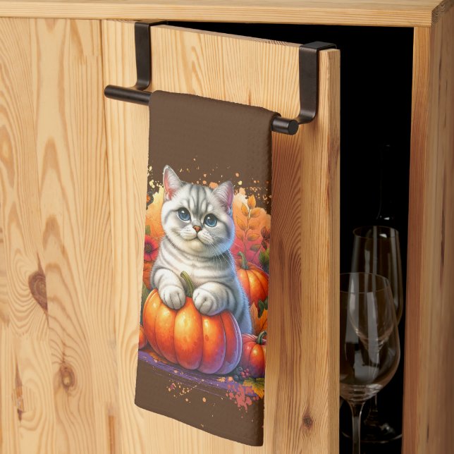 Linge De Cuisine Chat britannique Shorthair avec Citrouille (Pliage en tiers)