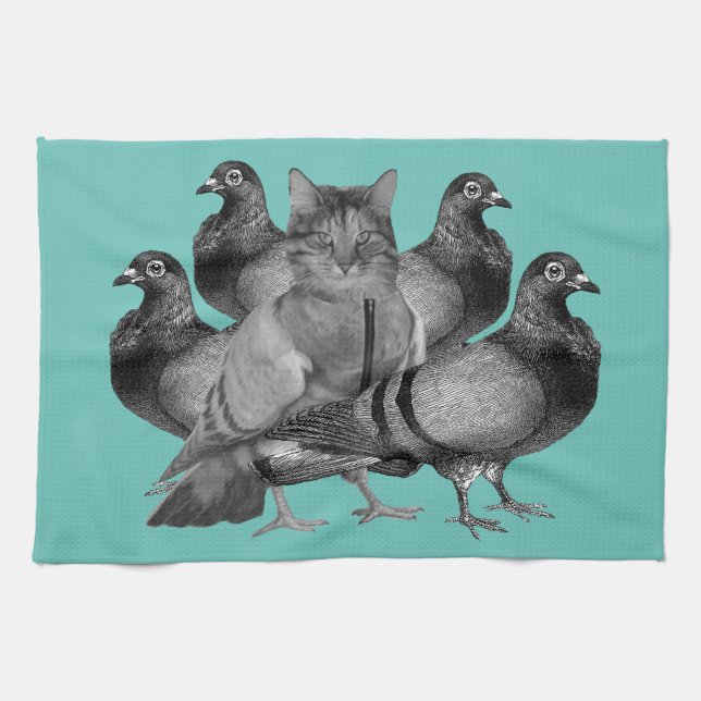 Linge De Cuisine chat drôle parmi les pigeons (Horizontal)