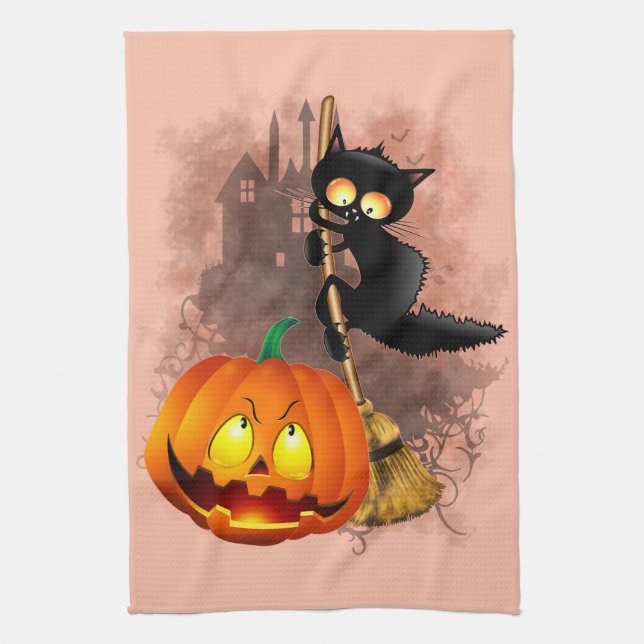 Linge De Cuisine Chat effrayé par Citrouille Fun Halloween caractèr (Vertical)