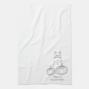 Linge De Cuisine Chat et citrouilles, dessin au trait simple minima