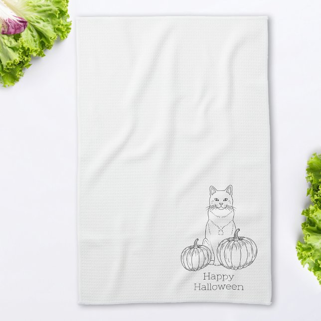 Linge De Cuisine Chat Et Ligne Citrouille Art Simple Minimal Hallow (Créateur téléchargé)