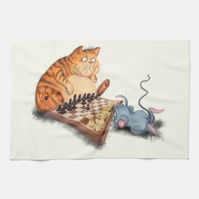 Linge De Cuisine Chat et souris Jouer aux échecs Dessin drôle (Horizontal)