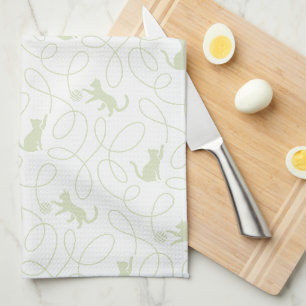 Linge De Cuisine Chat joueur et motif de pelote de laine Vert sauge
