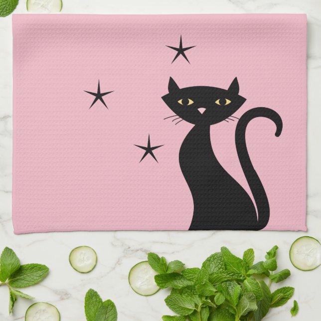 Linge De Cuisine Chat noir 1950, rose (Plié)