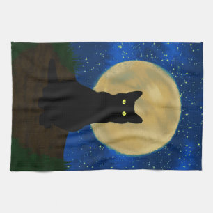 Linge De Cuisine Chat noir de Halloween sous la lumière de la lune 
