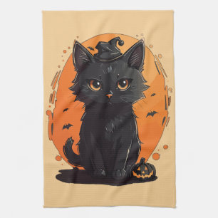Linge De Cuisine Chat noir d'Halloween, Lanterne O' de Jack noir