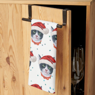 Linge De Cuisine Chat noir et blanc à l'aquarelle de Noël