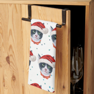 Linge De Cuisine Chat noir et blanc à l'aquarelle de Noël