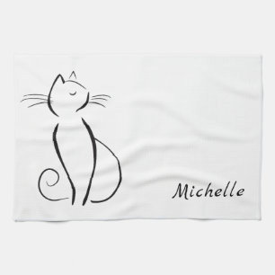 Linge De Cuisine Chat noir minimaliste sur fond blanc ajoutez un no