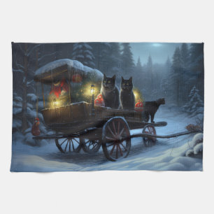 Linge De Cuisine Chat noir Snowy Sleigh Ride Décor de Noël