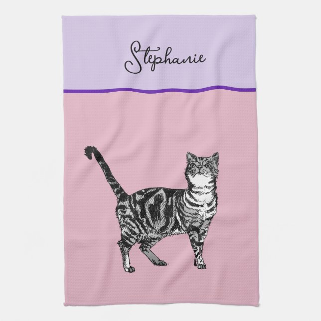 Linge De Cuisine Chat Tabby Pastel Chats Filles Lavander Rose Clair (Vertical)