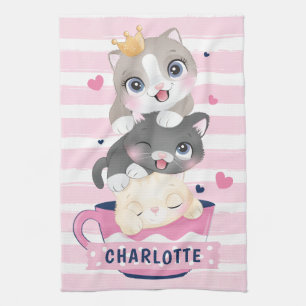 Linge De Cuisine Chats de dessin animé mignons empilés rayures rose